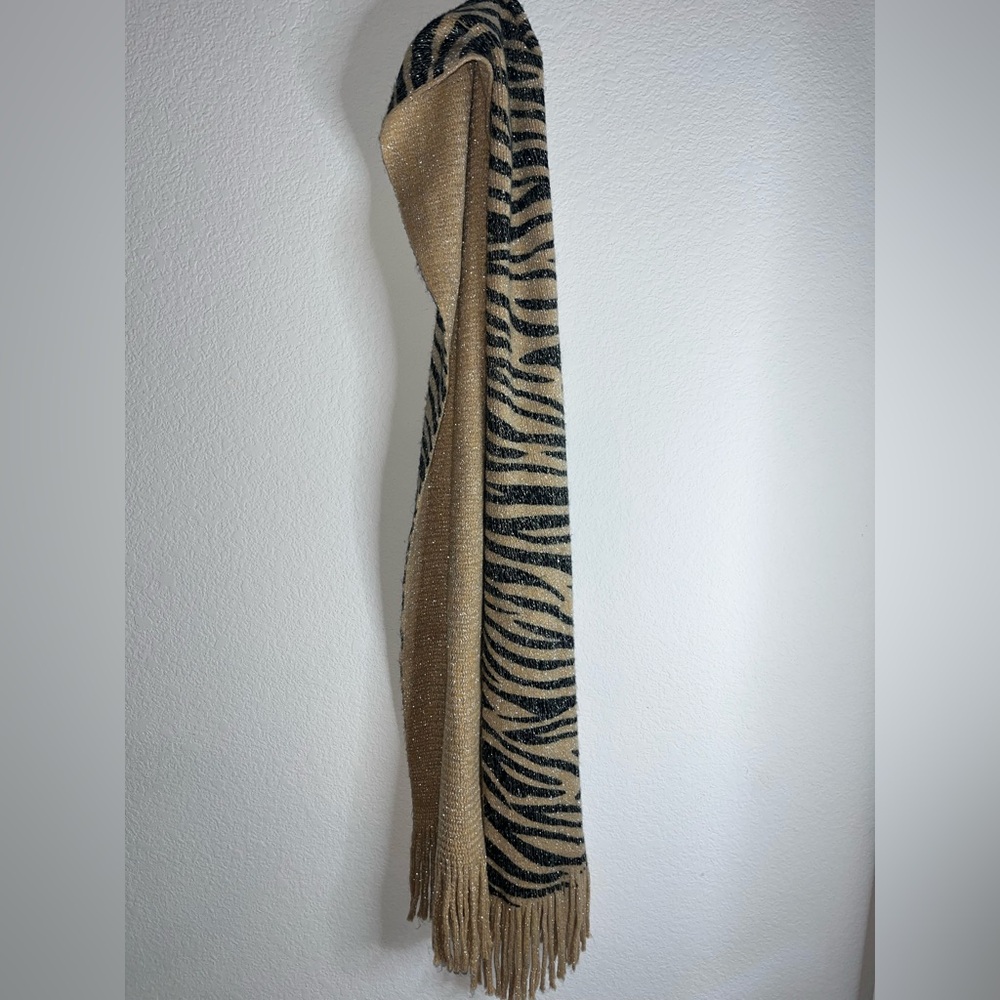 Pier 1 Imports Acrylic Reversible Scarf Beige ZebraPrint Glitter Metallic Fringe